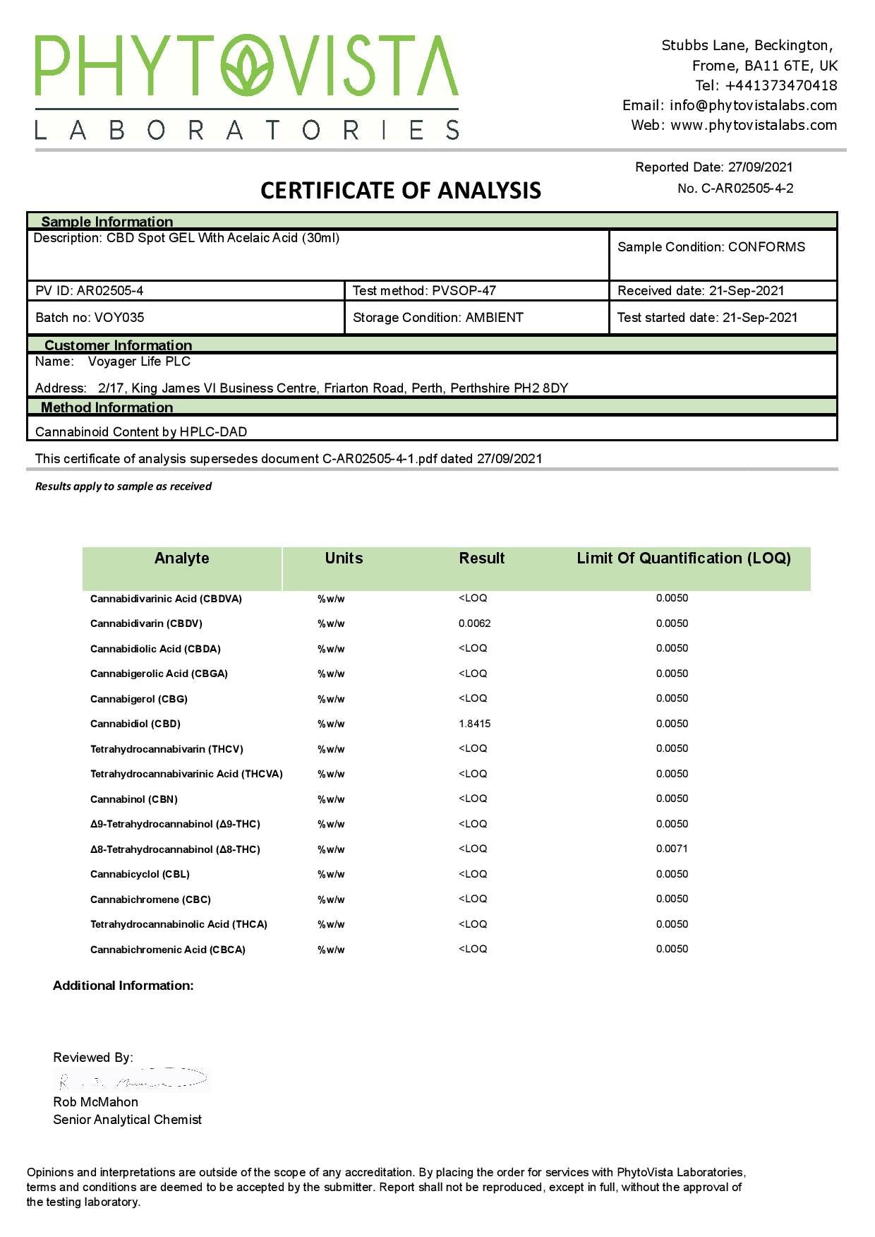 Voyager 500mg CBD Clarity Azeliaic Acid Spot Gel - 100ml