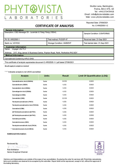 Voyager 450mg CBD Lavender & Ylang Ylang Massage Oil - 100ml
